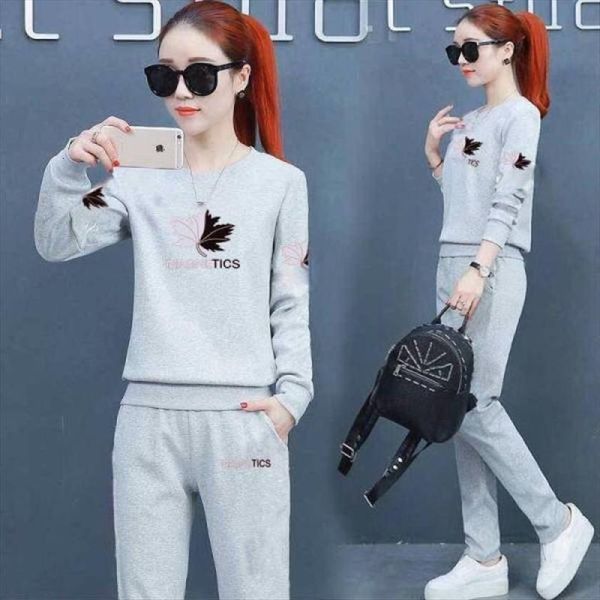 

casual two piece set womenpant clothes fashion print long sleeve round neck trousers 2 blue pink black grey, White