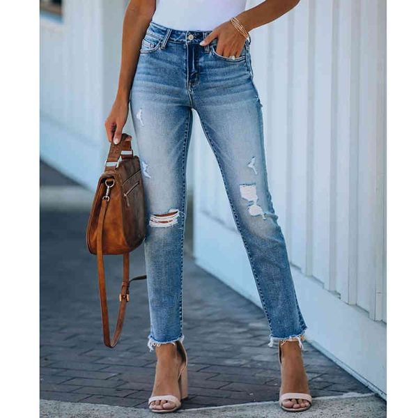 Mulheres de primavera mulheres rasgadas jenas jenas calças jeans altas cintura jeans skinny 210415