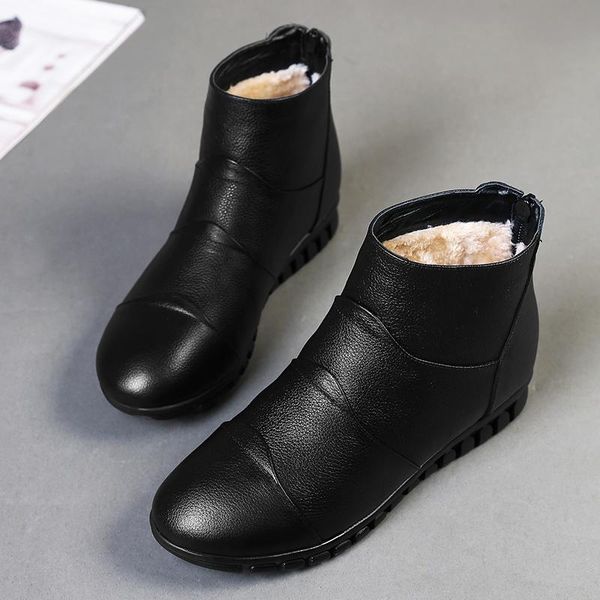 

boots genuine leather/cowhide snow for middle aged and elderly women winter plush ankle soft soles zipper lady shoes, Black