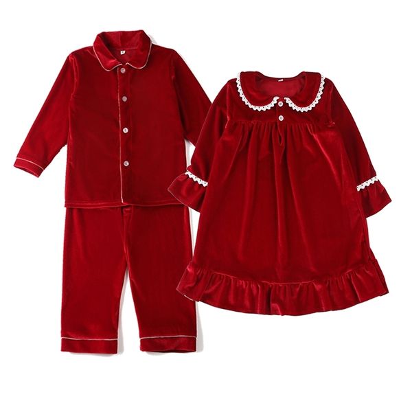 Sibling exclusivo jogo de inverno vermelho veludo bebê sleepwear meninos de Natal pijama set menina vestido de nightdress 211130