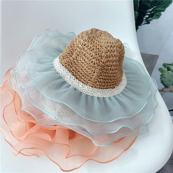 

children's bucket hat toddler girls straw sun wide brim uv protection beach with lace band & organza decoration for kid caps hats1, Yellow