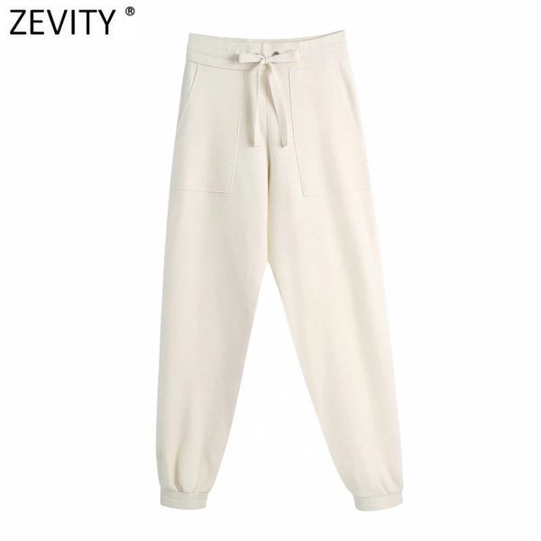 

women fashion solid color lace up knitting harem pants female chic pockets patch casual slim sport jogging trousers p1009 210416, Black;white