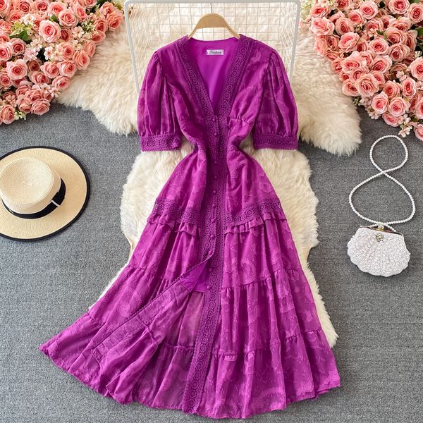 

summer women purple/red/yellow hollow out embroidered long dress vintage v-neck short sleeve single breasted loose vestidos 2021swimwear bat, Black;gray
