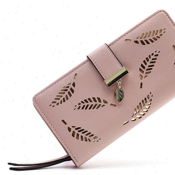 

women short wallets zipper buckle hollow leaves small wallet pu leather card holder female coin purse, Red;black