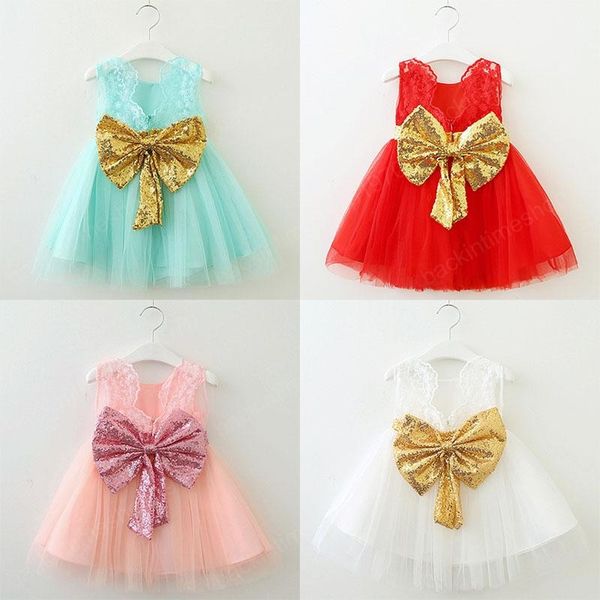 

kids clothes girls sequin bow sleeveless dress children sweet lace mesh princess dresses fashion summer boutique baby clothing, Red;yellow