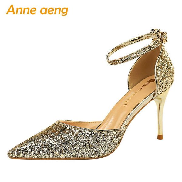 

summer women ankle strap sandals high thin heel ladies bling bridal wedding shoes gold metal heels, Black