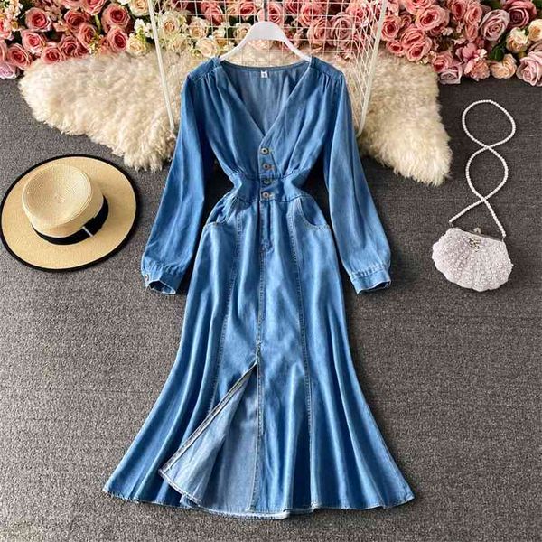 

korean chic split long mermaid dresses double pockets slim waist denim dress women spring streetwear vestidos sukienka 210514, Black;gray