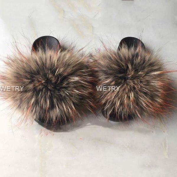 

slippers real raccoon fur women full slipper flat beach slides sizes 36-45 available, Black