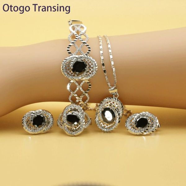

earrings & necklace otogo transing 2021 round black cubic zirconia silver color jewelry sets for women earring pendant ring bracelet set211