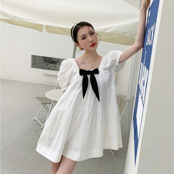 

casual dresses white puff sleeve kawaii square neck summer bow backless a line cute mini korean holiday clothes mm8i, Black;gray