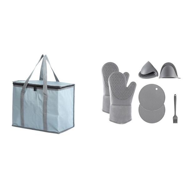 

dinnerware sets insulated shopping bags for groceries or delivery & oven mitts pot holder and oil brush set- silicone mitt