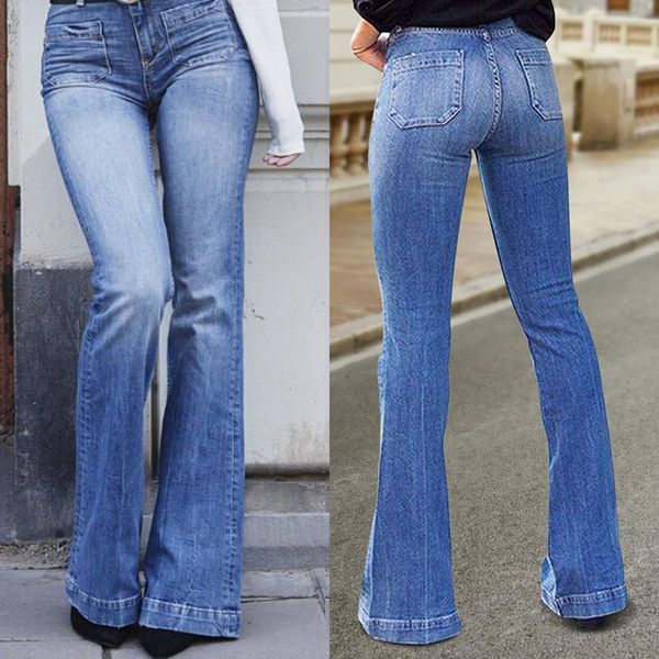 

flare faux pants thin womens jean vintage denim high waist stretch pocket trousers size wide leg, Blue