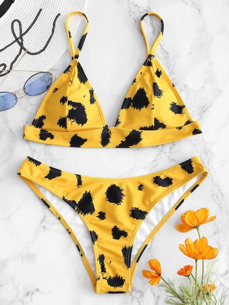 

women's swimwear printed plunge bikini set, White;black