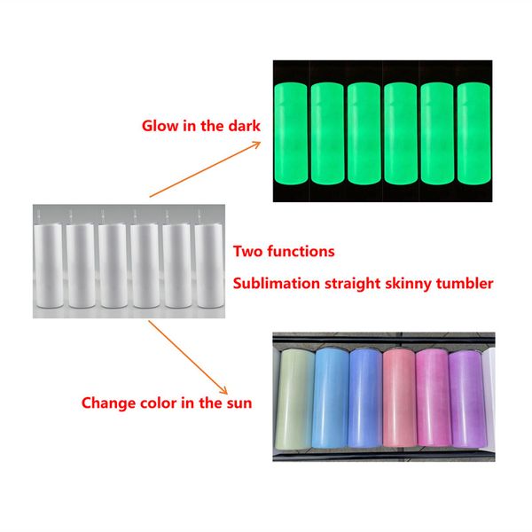 Bicchieri che cambiano colore UV e che si illuminano al buio Bicchieri dritti per sublimazione da 20 once Bicchiere a due funzioni isolante Tazze da caffè in acciaio inossidabile con cannuccia B0015