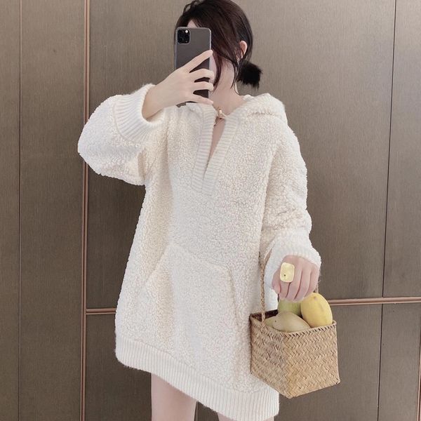 

sweaters women's knitted loose plush pullover hooded kangaroo pocket lazy style v-neck casual sweater top, White;black