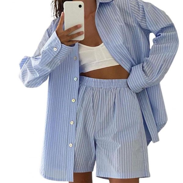 

women's tracksuits 2021 summer women elegant outfit vertical stripes high waist two-piece long sleeve lapel shirt pockets shorts party, Gray
