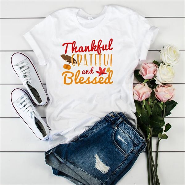 

thankful grateful blessed thanksgiving women printed tee clothes graphic, White
