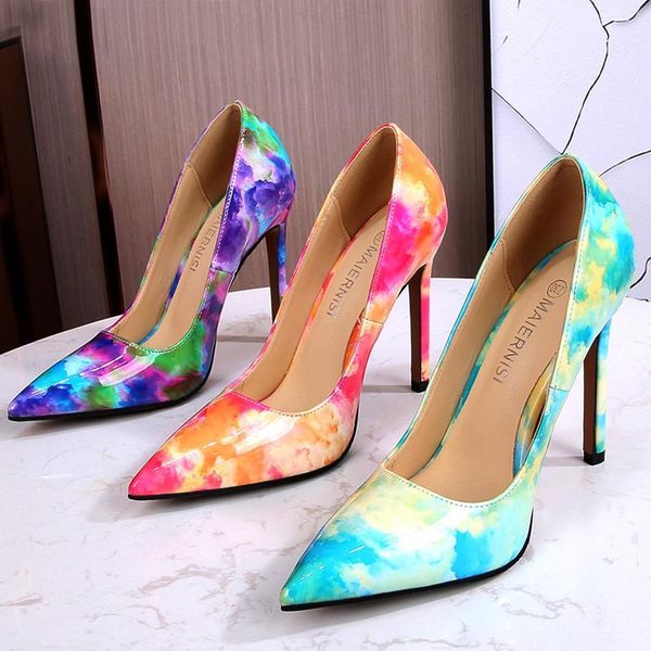 

dress shoes fashion high heels colorful graffiti mirror smooth leather women pumps pointed toe stiletto heel 11cm size46 party k8go, Black