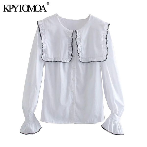 

women sweet fashion with ruffled trim loose blouses vintage long sleeve button-up female shirts blusas chic 210416, White