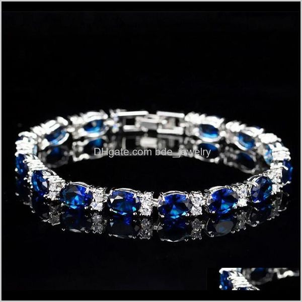 Bracelets Jewelryvictoria Luxury Jewelry Brand 925 Sterling Sier Oval Corte azul Sapphire CZ diamante rubi feminino Bracelete de casamento para amante Drop