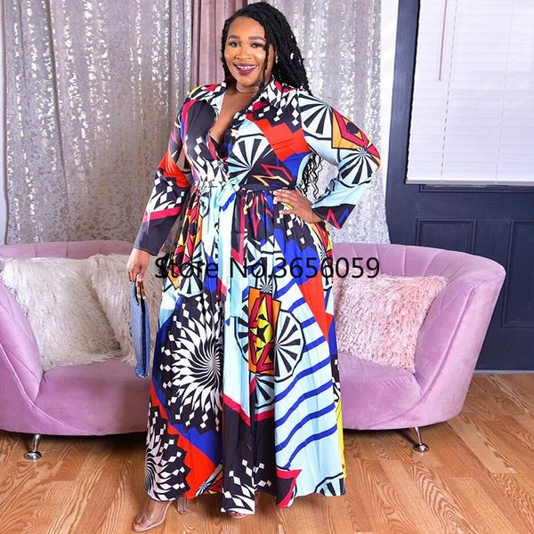 

plus size women's clothing spring print long dress women sleeve turn-down collar maxi dresses large vestidos ethnic, Red