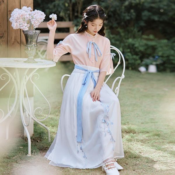 

summer wear hanfu han restoring ancient ways elements five female collar sleeve blouse posed embroidered dress suit casual dresses, Black;gray