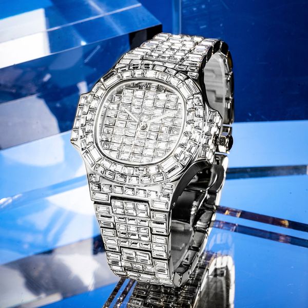 Voll Baguette Diamant Uhr Männer Hip Hop Stil Männer Uhren Top AAA Quarz Männliche Armbanduhr Mann Heißer Schmuck