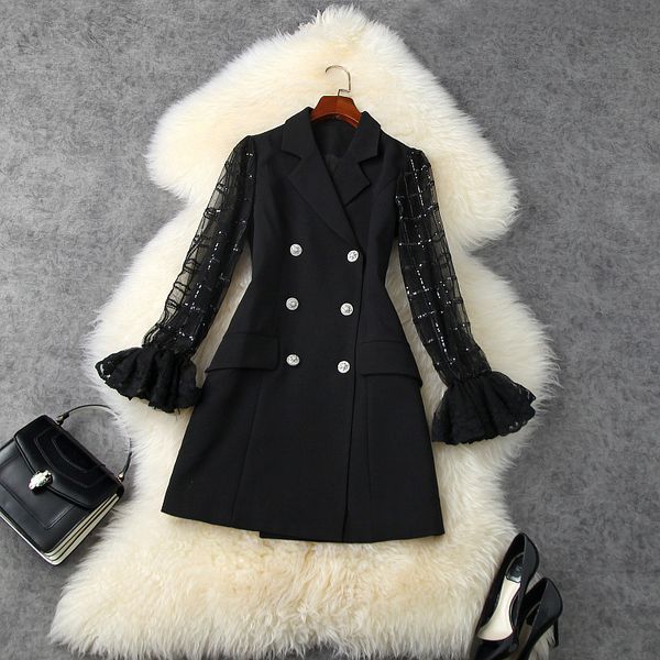 

dresses european and american women's wear winter style long sleeves with lace sequins fashionable double-breasted black dress s2u4, Black;gray
