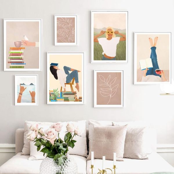 

paintings abstract tropical beach girl book lines boho wall art canvas painting posters and prints pictures for living room decor