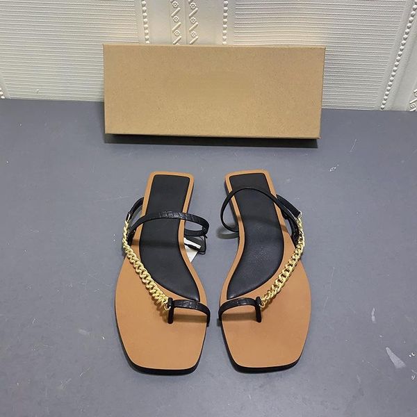 

sandals summer women's shoes black square toe chain decoration flat flip-flops low-heeled slippers outside wear
