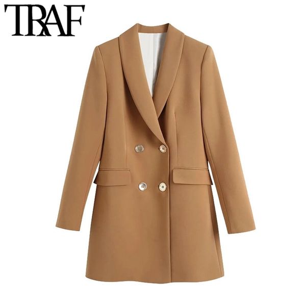 

women fashion double-breasted blazer coat vintage long sleeve pockets female outerwear chic veste femme 210507, Black