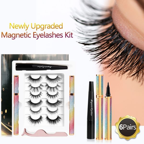 

6 pairs false eyelashes invisible magnetic mink half bulk lashes magic make up kits 3 tubes eyeliner thick easy wear no glue 3d 5d natural c