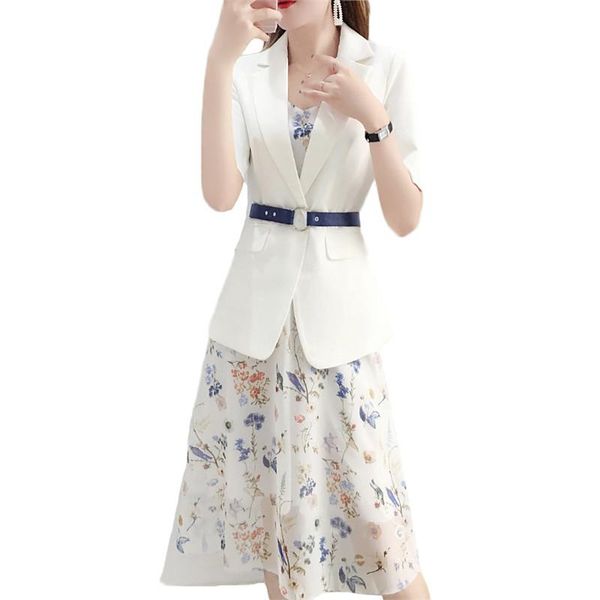 

two piece dress set women 2021 summer white s-2xl plus size short sleeve blazer and sling fashion 2 clothing lr209