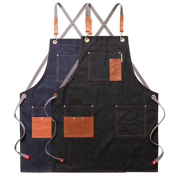 

aprons denim patchwork cafe shop house cleaning cooking baking women apron pocket pinafore canvas master for kitchen accessories