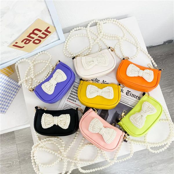 

purse children's mini handbag cute pearl bow crossbody bags for kids small money change baby girls pures and, White