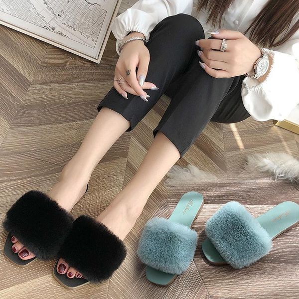

furry slippers women home autumn cotton and winter, Black