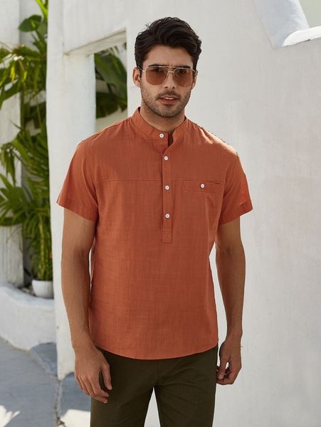 

men decor pocket half button shirt 72hp#, White;black