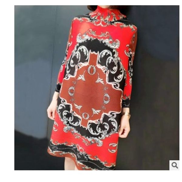 

dress miyake high collar three quarter retro print pleated one-piece, Black;gray