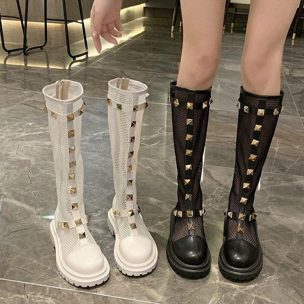 

boots 2021 summer breathable cool women wedges platform shoes fashion rivets zipper thigh high heels, Black