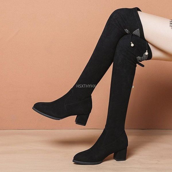

boots off-bound women stretch suede winter over-the-knee high heels female thick heel knight long furry party shoes, Black