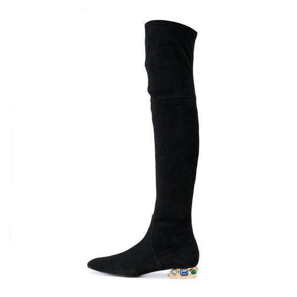 

boots fashion women black suede stretch crystal heeled over knee long