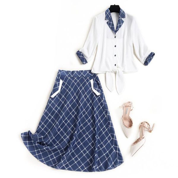 

women's tracksuits boutique fashion plaid stitching suit 2021 early autumn contrast color shirt a- line skirt two piece set 15075, Gray