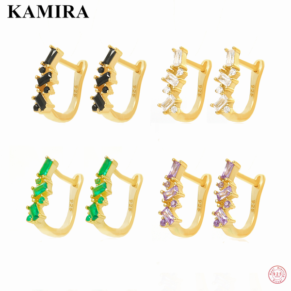

hoop & huggie kamira 925 sterling silver bohemian geometric ear buckle shiny zircon square earrings for women men party fine jewelry gift, Golden;silver