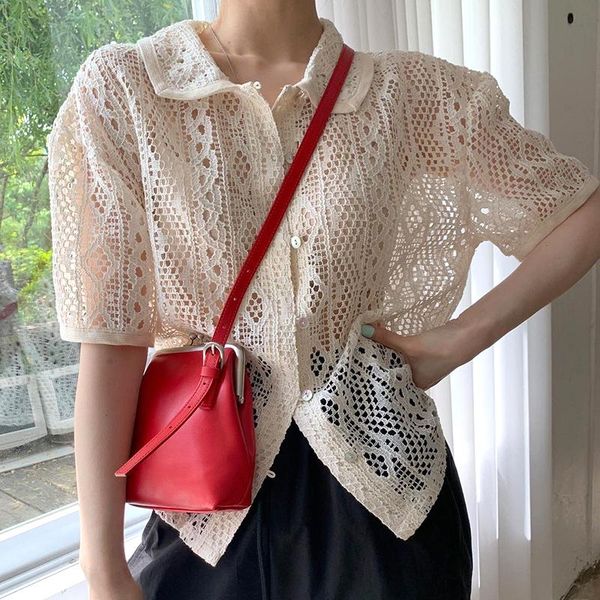 

women's blouses & shirts chic summer lace blouse women solid hollow out crochet shirt casual loose office lady single-breasted blusa 1, White