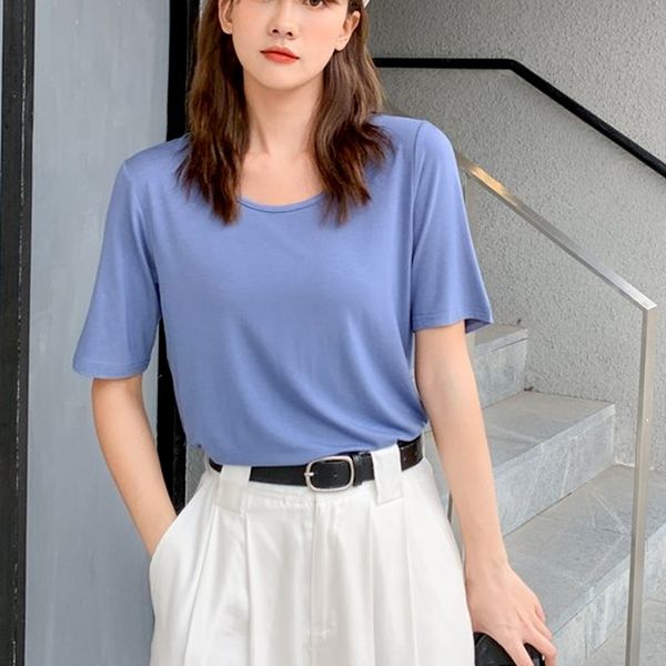

women's t-shirt simple t-shirt solid color loose cool and thin big u-neck short-sleeved summer all-match bottoming shirt ifzd, White