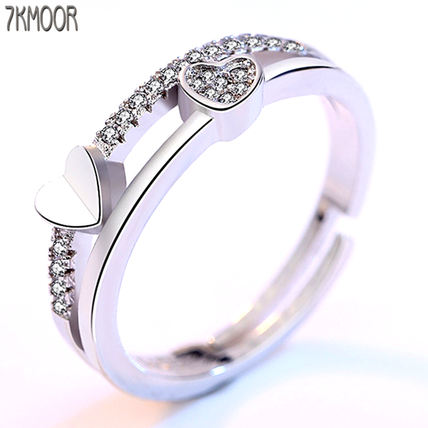 

sterling silver woman cubic zirconia ring opening the adjustable asymmetrical heart-shaped jewelry cluster rings, Golden;silver