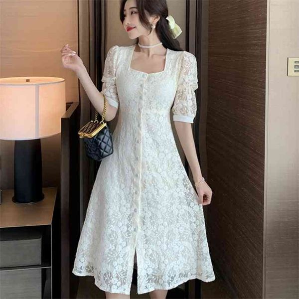 Mulheres Verão Doce Lace Elegante Colar Praça Único Breasted Midi Vestido Feminino Retro Casual A-Line Party Vestidos 210519