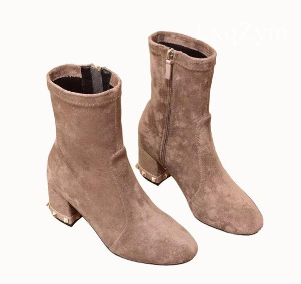 

boots women cattle suede 6cm square heel short round toe zipper ladies casual shoes botines mujer rivet ankle booties wholesales, Black