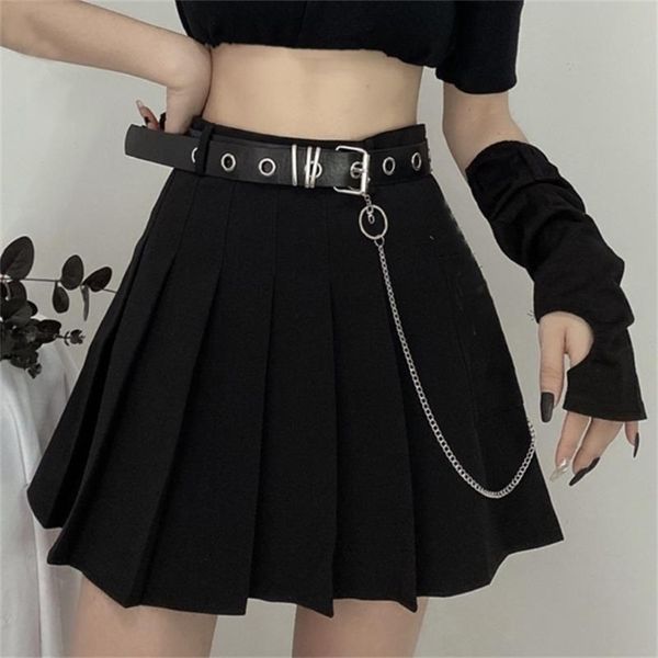 

black pleated skirt with chain-belt punk rock girl cheerleading belted mini alt women e-girl outfit 210619