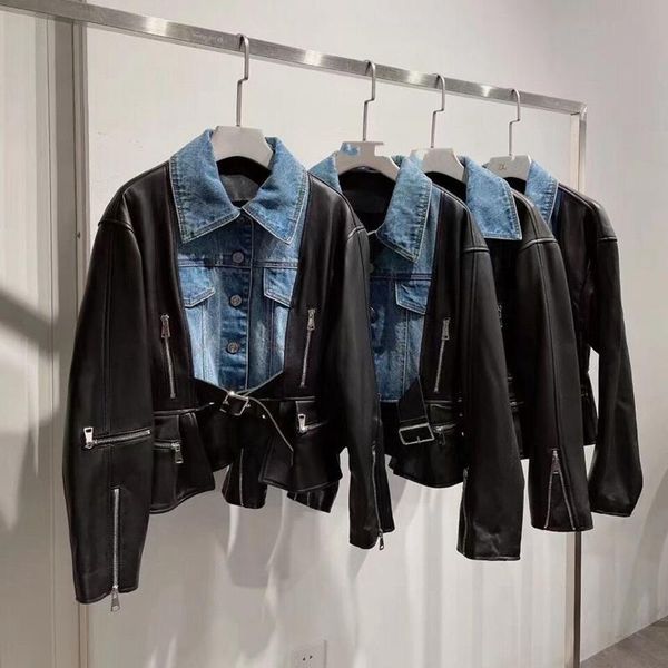 

women's leather & faux natural women coat lambskin bomber biker jacket long sleeves 100% sheepskin h901, Black